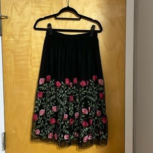 Black and Pink Embroidered Floral Midi Skirt